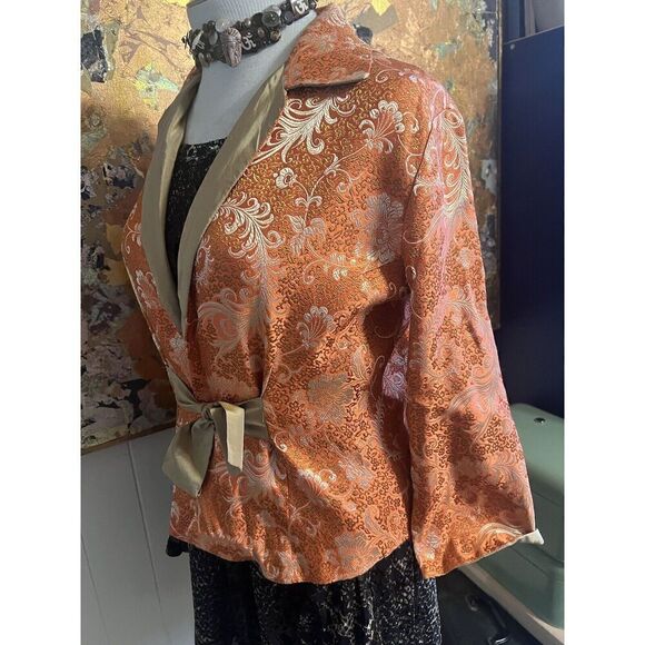Vintage Gigi Clark Modern Couture 5/L Jacket Orange Gold Tie Front Jacquard - Picture 7 of 9